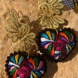 Colorful Embroidered Heart Earrings